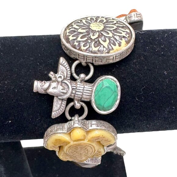 Vtg Tibetan Silver Stone Toggle Bracelet Scarab Turtle Totem Buddha Turquoise - Picture 2 of 9